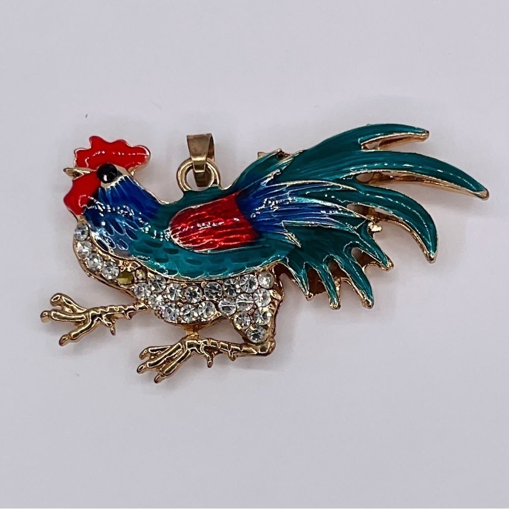 Rooster Pendant Rhinestone Enamel Gold Tone Statement Bird Chicken New Year 2.5”